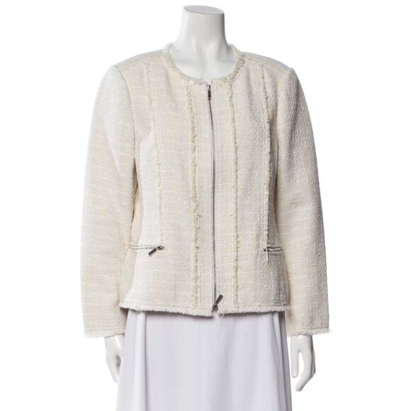 LAFAYETTE 148 Tweed Fringe Zip Front Blazer, Ivory, Pockets, Sz 8 - Picture 2 of 13